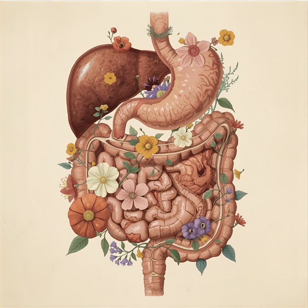 Verdauungstrakt mit Blumen, Magen, Darm, Leber